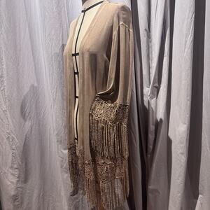 Ann Ferriday Rare Festival Boho Rayon Fringe Kimono Duster Cardigan M NWT